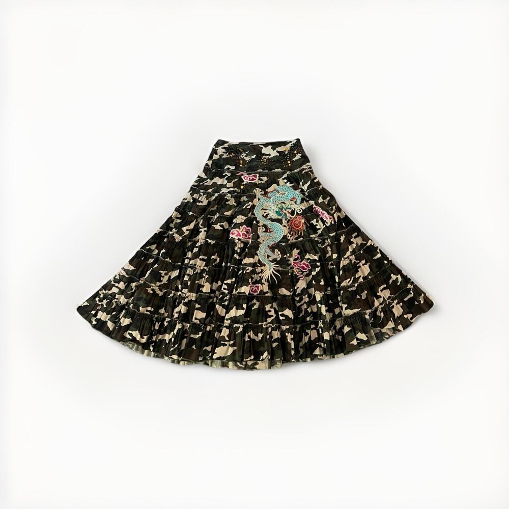 Miss Me Camo Camoflauge Tiered Embroidered Maxi Skirt Dragon Embroidered Y2K Sm